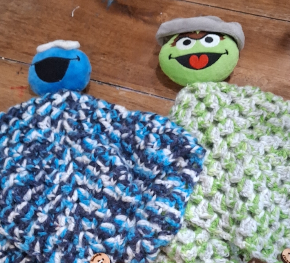 Handmade Chunky Crochet Baby  Loveys in Blue/Grey and Green/Cream